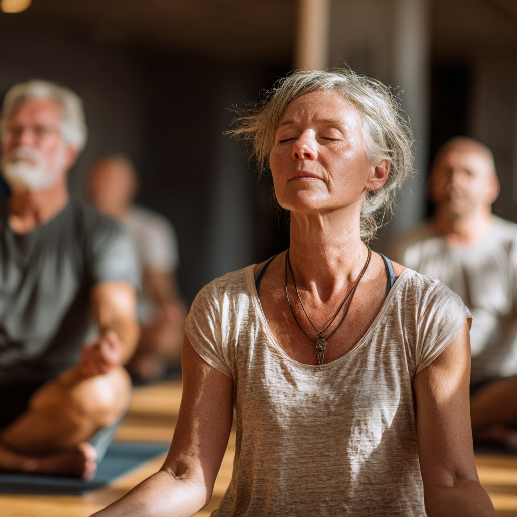 Experienced yoga instructor guiding mature students in mindful practice session