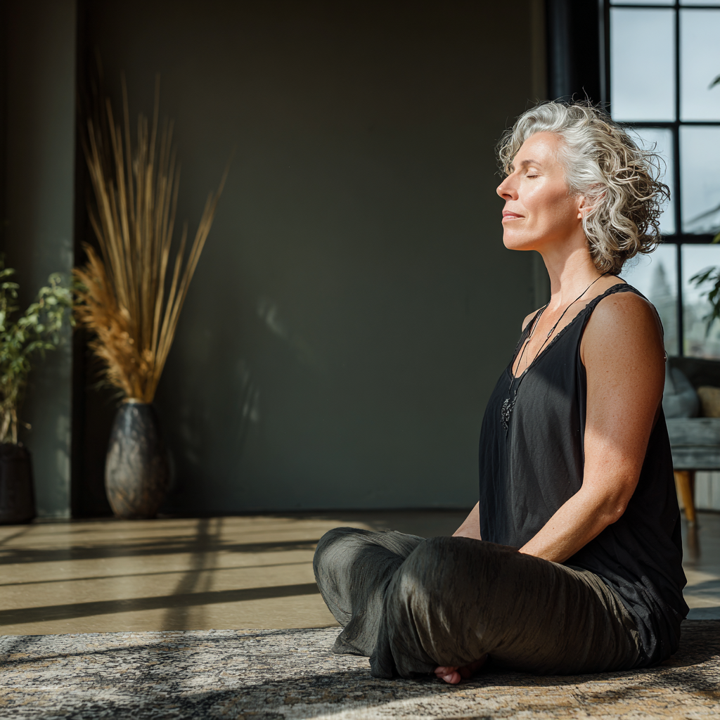 Middle-aged woman practicing peaceful yoga meditation in natural studio environment
